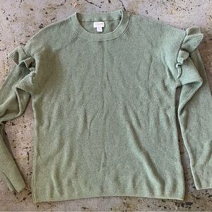 J. Crew Women's Sage Green Cotton Ruffle Long Sleeve Lightweight Sweater Sz L